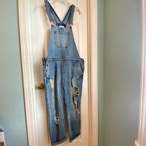 Distressed Denim Long Overalls Size 30